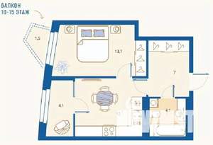 1-к квартира, вторичка, 42м2, 12/16 этаж