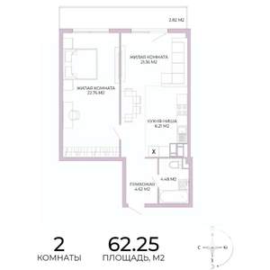 2-к квартира, строящийся дом, 62м2, 16/17 этаж