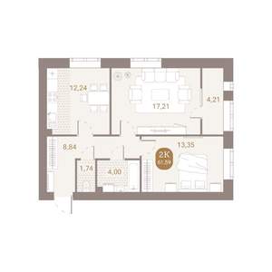 2-к квартира, вторичка, 62м2, 1/4 этаж