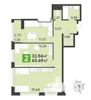 2-к квартира, вторичка, 66м2, 8/17 этаж