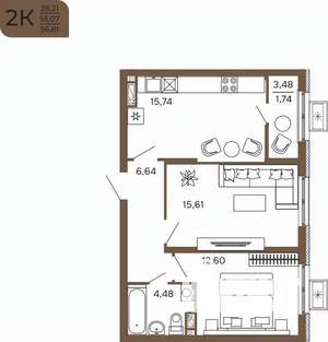 2-к квартира, вторичка, 57м2, 5/17 этаж