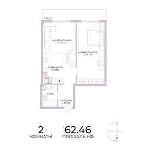 2-к квартира, строящийся дом, 62м2, 13/17 этаж