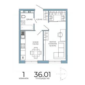 1-к квартира, строящийся дом, 36м2, 6/18 этаж