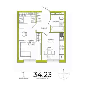 1-к квартира, строящийся дом, 34м2, 11/18 этаж
