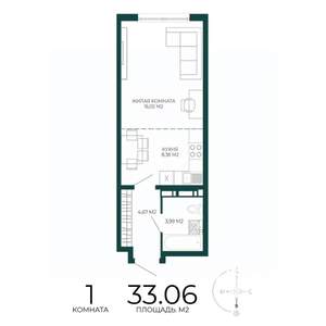1-к квартира, строящийся дом, 33м2, 14/17 этаж