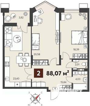 2-к квартира, вторичка, 88м2, 3/18 этаж