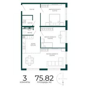 3-к квартира, строящийся дом, 76м2, 14/17 этаж