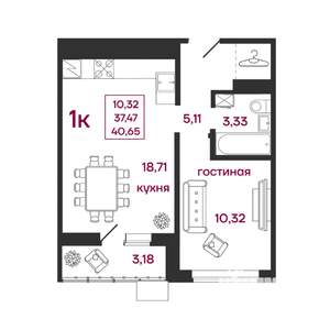 1-к квартира, вторичка, 41м2, 2/17 этаж