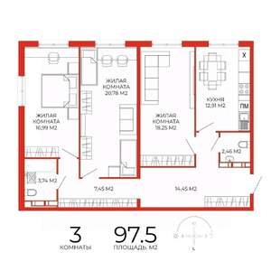 3-к квартира, строящийся дом, 97м2, 9/18 этаж