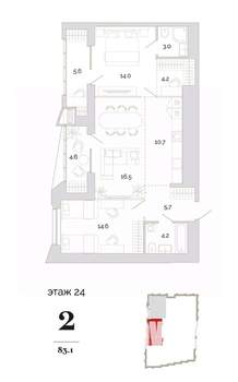 2-к квартира, вторичка, 83м2, 24/24 этаж