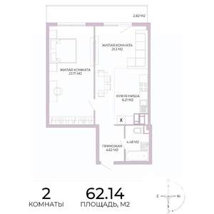 2-к квартира, вторичка, 62м2, 4/17 этаж