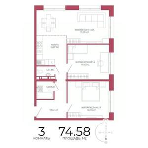 3-к квартира, строящийся дом, 75м2, 3/18 этаж