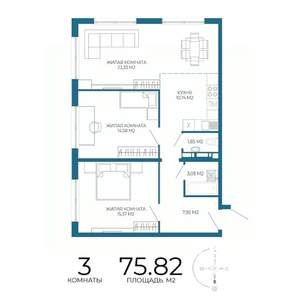 3-к квартира, строящийся дом, 76м2, 17/17 этаж