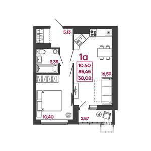 1-к квартира, вторичка, 38м2, 7/17 этаж