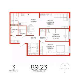 3-к квартира, строящийся дом, 89м2, 10/18 этаж