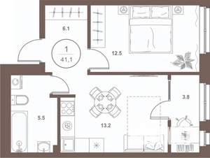 1-к квартира, вторичка, 41м2, 2/16 этаж