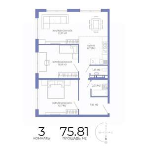 3-к квартира, строящийся дом, 76м2, 16/17 этаж