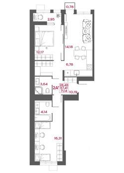 2-к квартира, вторичка, 71м2, 2/14 этаж
