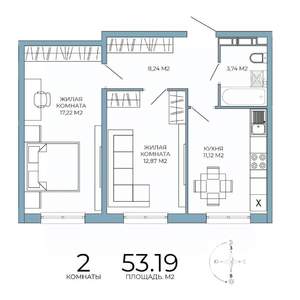 2-к квартира, вторичка, 53м2, 16/18 этаж