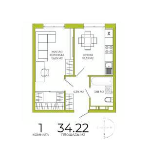 1-к квартира, строящийся дом, 34м2, 13/18 этаж