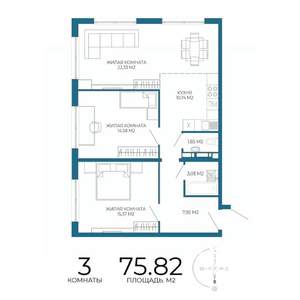 3-к квартира, вторичка, 76м2, 8/17 этаж