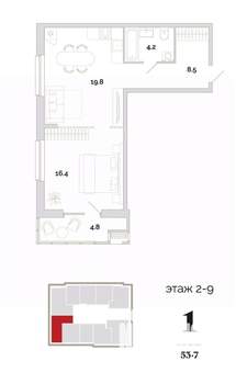 1-к квартира, вторичка, 54м2, 1/24 этаж