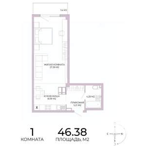 1-к квартира, строящийся дом, 46м2, 13/17 этаж