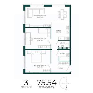 3-к квартира, строящийся дом, 76м2, 4/17 этаж