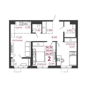 2-к квартира, вторичка, 62м2, 7/12 этаж