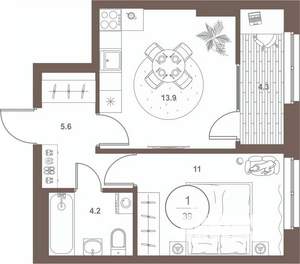 1-к квартира, вторичка, 39м2, 3/16 этаж
