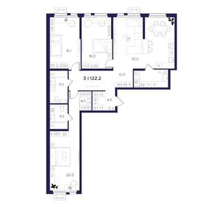 3-к квартира, вторичка, 122м2, 3/16 этаж