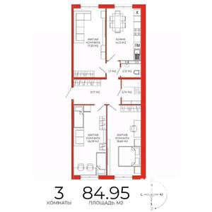 3-к квартира, строящийся дом, 85м2, 12/18 этаж