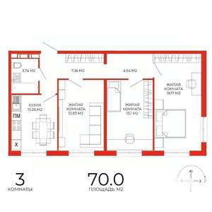 3-к квартира, строящийся дом, 70м2, 14/18 этаж