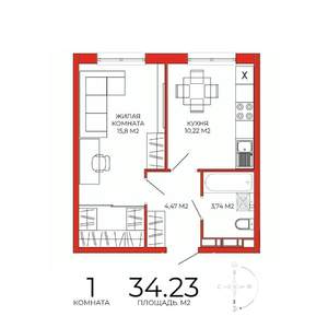 1-к квартира, строящийся дом, 34м2, 9/18 этаж