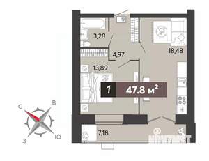 1-к квартира, строящийся дом, 48м2, 9/16 этаж