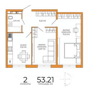 2-к квартира, строящийся дом, 53м2, 11/18 этаж