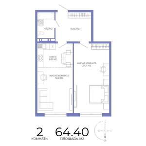 2-к квартира, строящийся дом, 64м2, 4/17 этаж