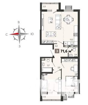3-к квартира, вторичка, 72м2, 4/16 этаж
