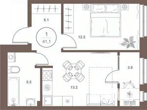1-к квартира, вторичка, 41м2, 7/16 этаж