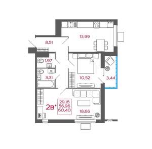 2-к квартира, вторичка, 60м2, 13/17 этаж