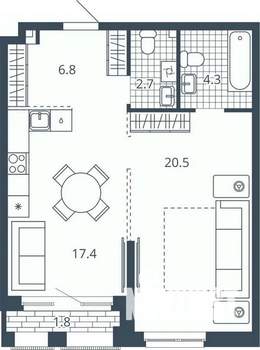 1-к квартира, вторичка, 54м2, 8/24 этаж