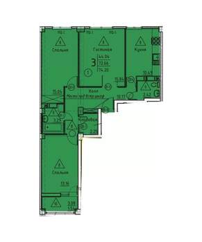 3-к квартира, строящийся дом, 74м2, 4/18 этаж