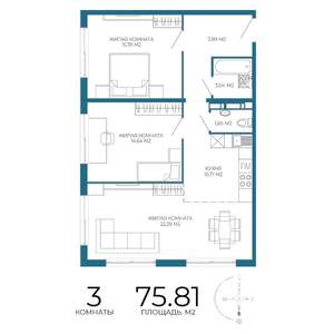 3-к квартира, строящийся дом, 76м2, 7/17 этаж