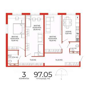 3-к квартира, строящийся дом, 97м2, 13/18 этаж