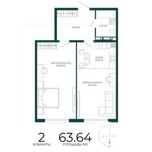 2-к квартира, строящийся дом, 64м2, 7/17 этаж