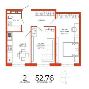 2-к квартира, строящийся дом, 53м2, 2/18 этаж