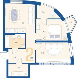 2-к квартира, вторичка, 60м2, 12/16 этаж