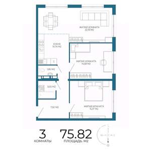3-к квартира, строящийся дом, 76м2, 15/17 этаж