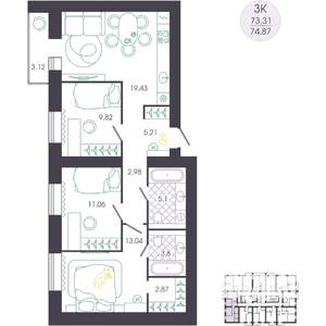 3-к квартира, вторичка, 75м2, 12/16 этаж