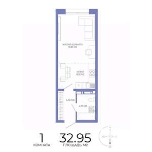 1-к квартира, строящийся дом, 33м2, 2/17 этаж